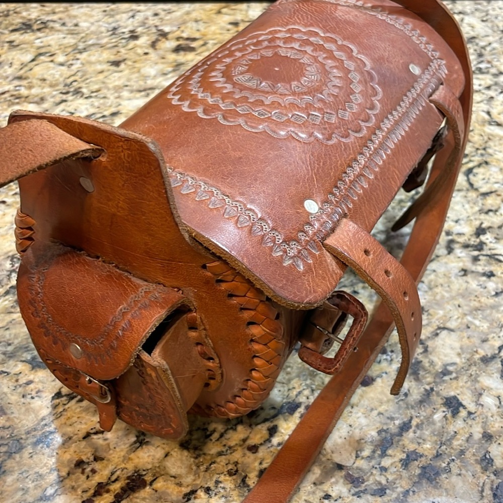 Brown real handmade leather barrel purse